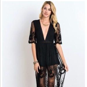 Plunge lace maxi romper dress